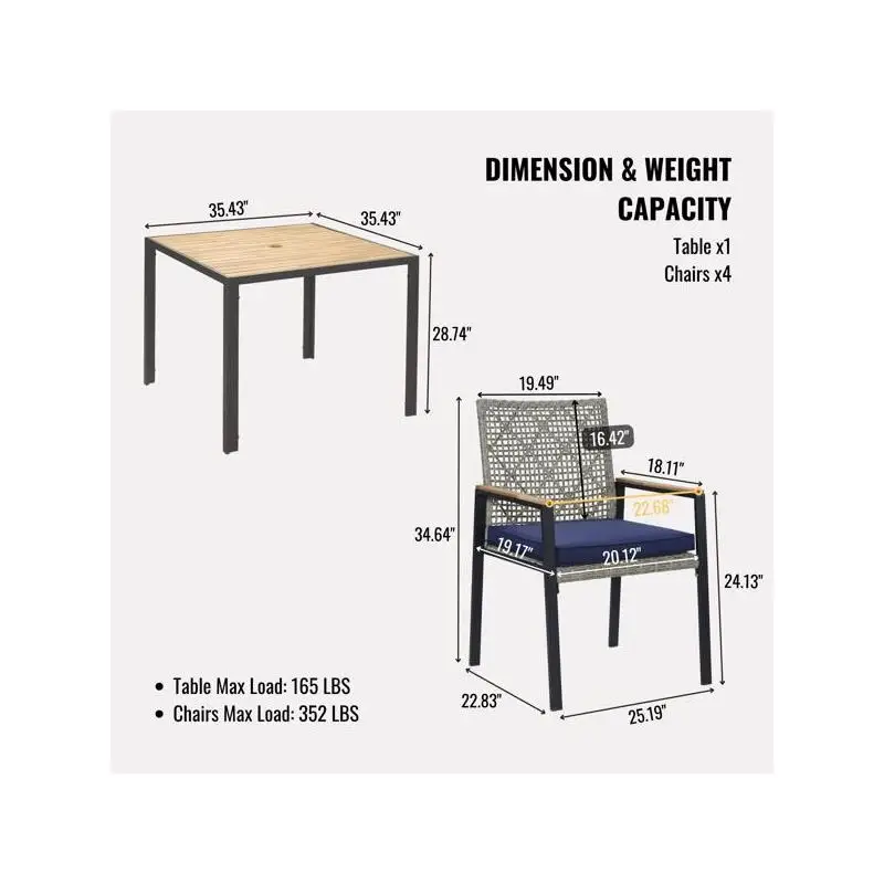5-Piece Outdoor Dining Set, Acacia Wood Table with Umbrella Hole, Rattan Patio Conversation Set, Light Gray Color