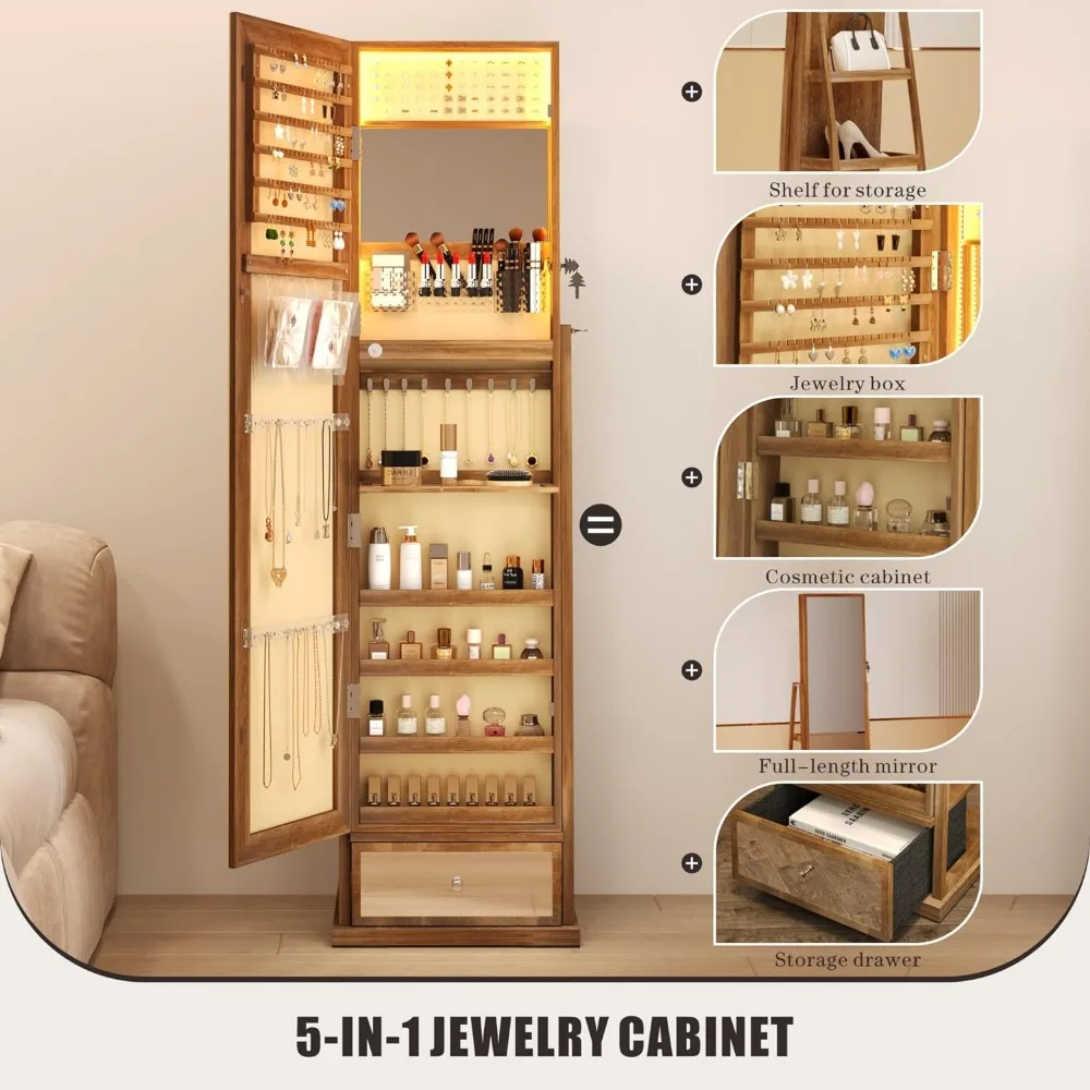 

Jewelry Cabinet with Light Storage: 360° Swivel Jewelry Storage with Full-Length Mirror - Standing Lockable Jewelry Armoire