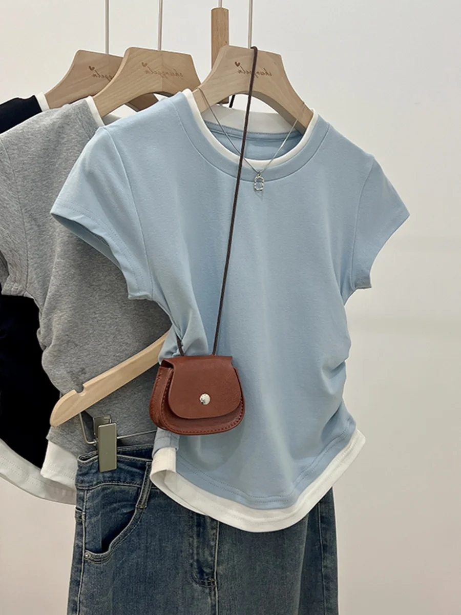 Chic Korean Sle ort Sve T-irt Women's Summer Slim Fit Waist Cinched Folded Hem Casual round Ne Top GIMA70