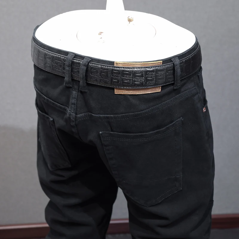 Fashion Designer Men Jeans Black Elastic Stretch Slim Fit Vintage Jeans Men High Quality Side Zipper Pocket Hip Hop Pants Hombre
