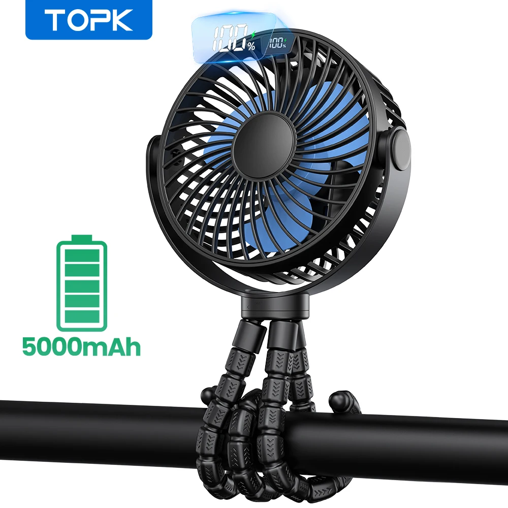 TOPK 5000mah Stroller Portable Mini Fan USB Rechargeable Outdoor Electric Fan 4 gear Speed 360°Degree Rotata & Digital Display