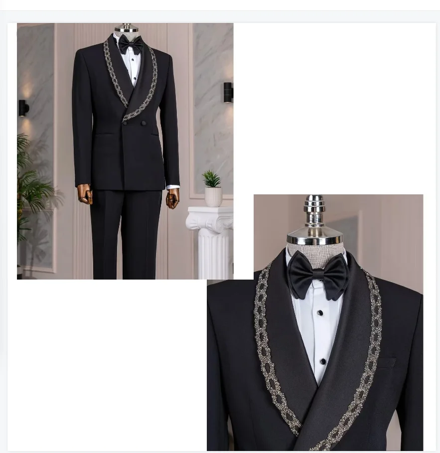 

Black Men Suits Set 2 Pcs Blazer+Pants Trousers Wedding Tuxedo Luxury Stone Crystals Formal Office Cotton Groom Prom Jacket Coat