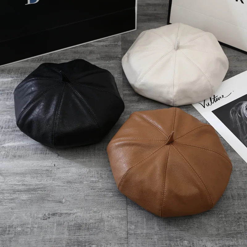 

Women Fashion PU Leather Beret Pumpkin Hat Japanese Korean Fashion Artist Painter Hat Female Berets Ladies All-Match Caps