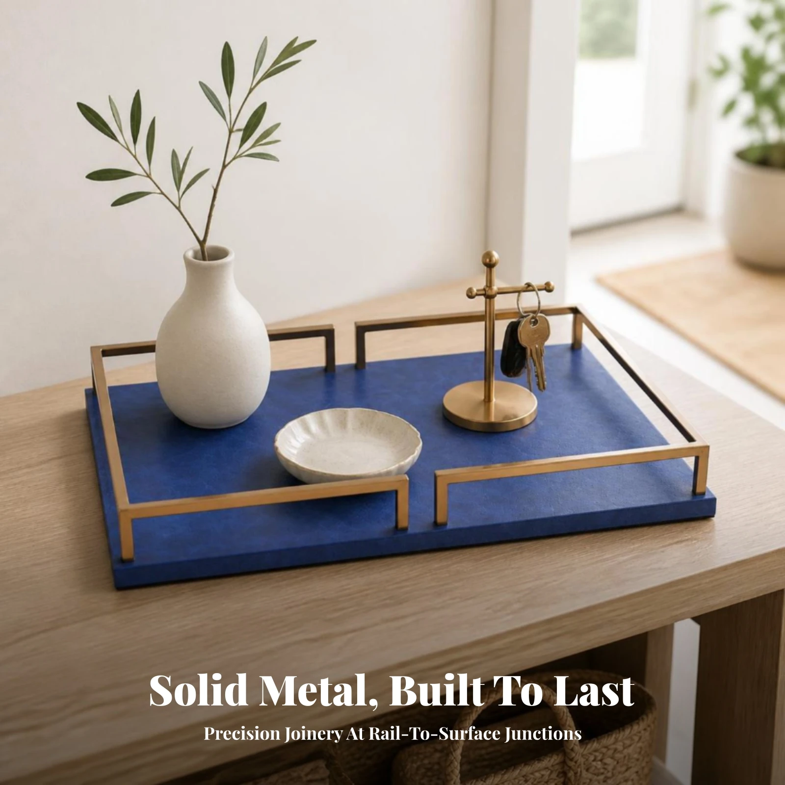 Metal Tray with Gold-Tone Frame Mid-Century Tabletop Tray with Side Supports Compact Low-Silhouette for Coffee Table, Vanity