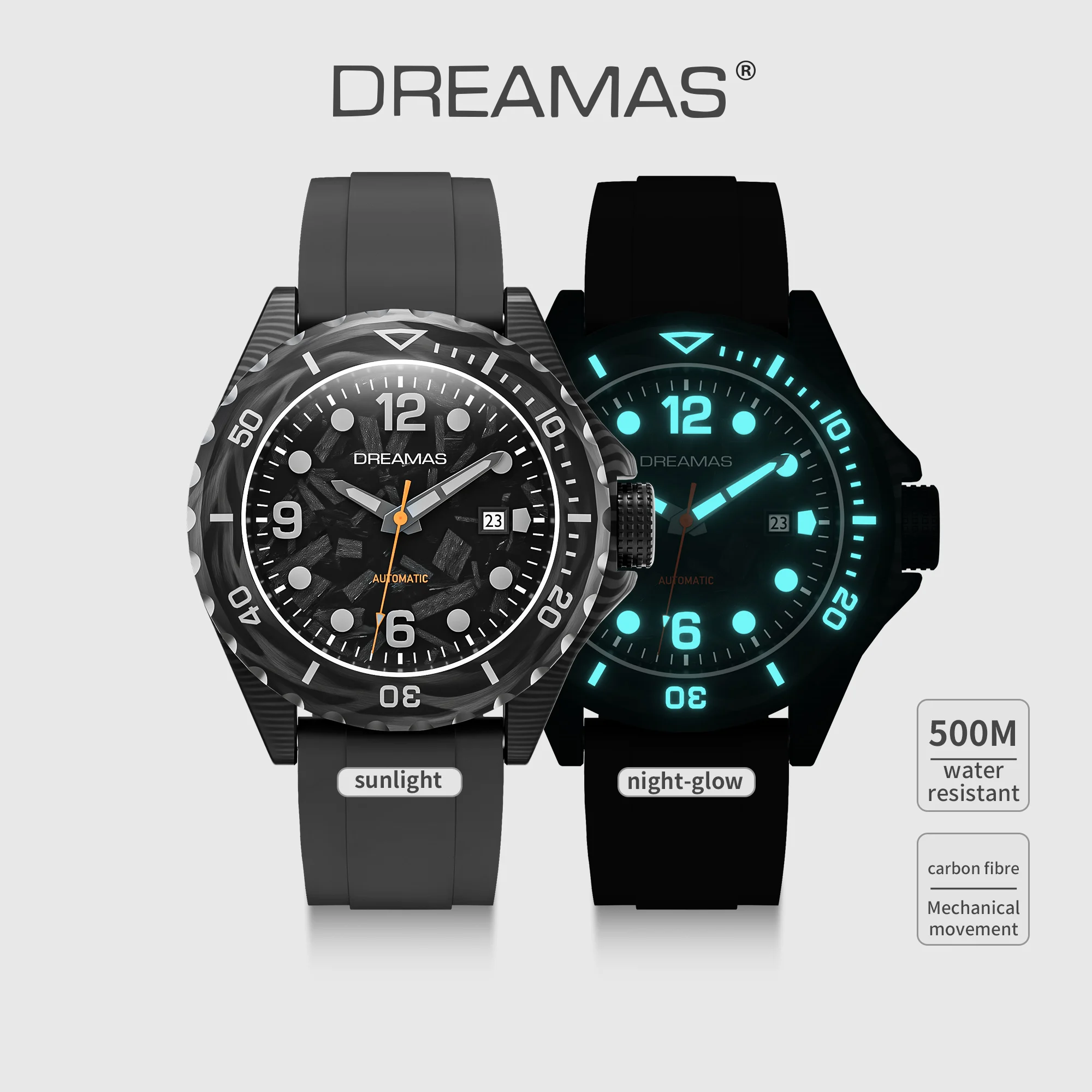 DREAMAS Herren-Taucheruhr aus Kohlefaser, automatische mechanische Taucheruhr, 500 m wasserdicht, Schweizer 3D-Leucht-Sport-Armbanduhr – Detail 1