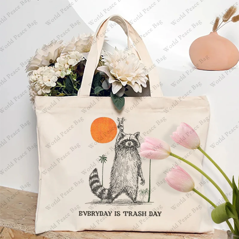 1 pc Everyday Is Trash Day Raccoon pattern Tote Bag Canvas Shoulder Bag For Travel Daily Commute Women's Reusable Shopping Bag