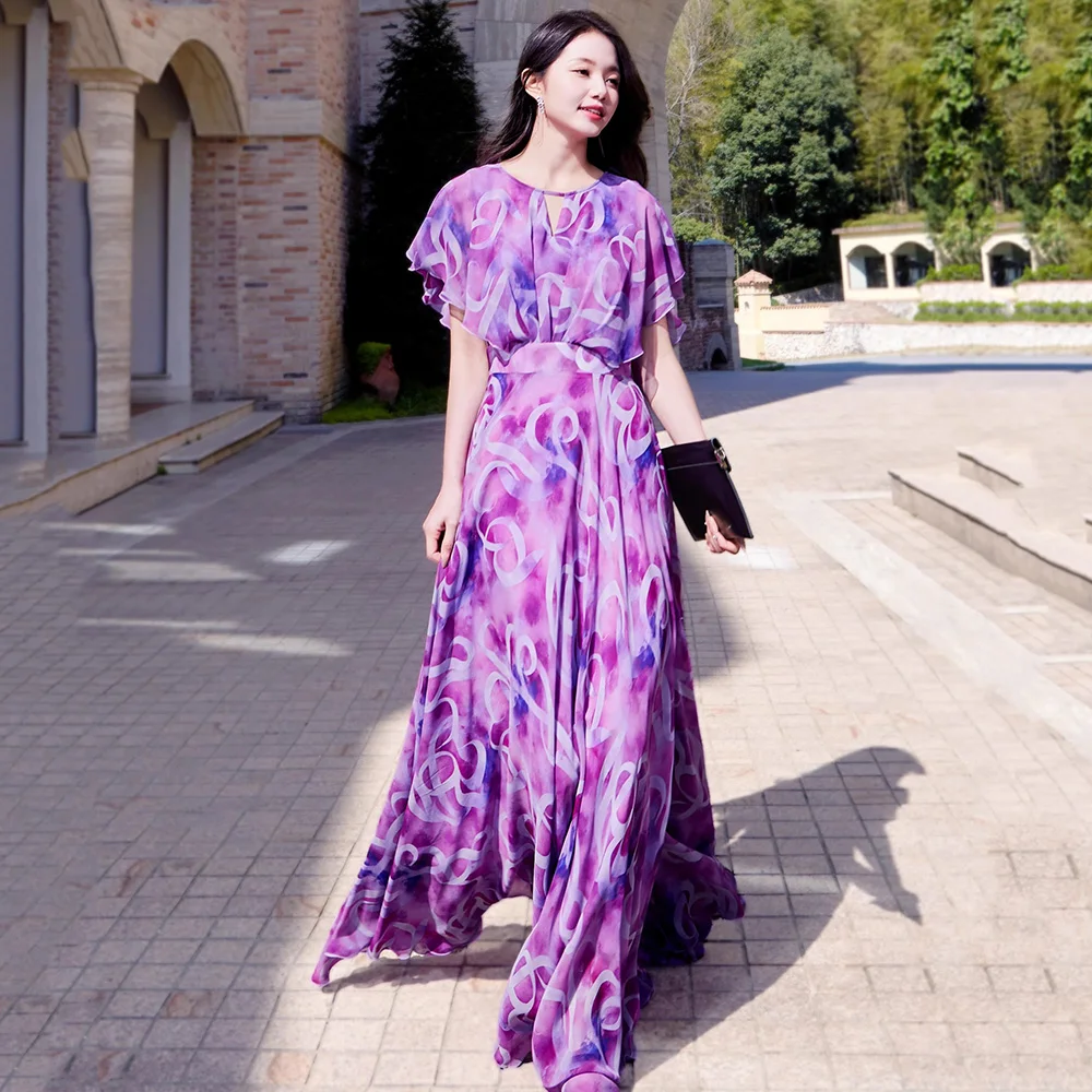 

New Women Summer Long Print Dress Fashion O-Neck Butterfly Sleeve High Waist Elegant Dress Casual Holiday Short Sleeve Dress