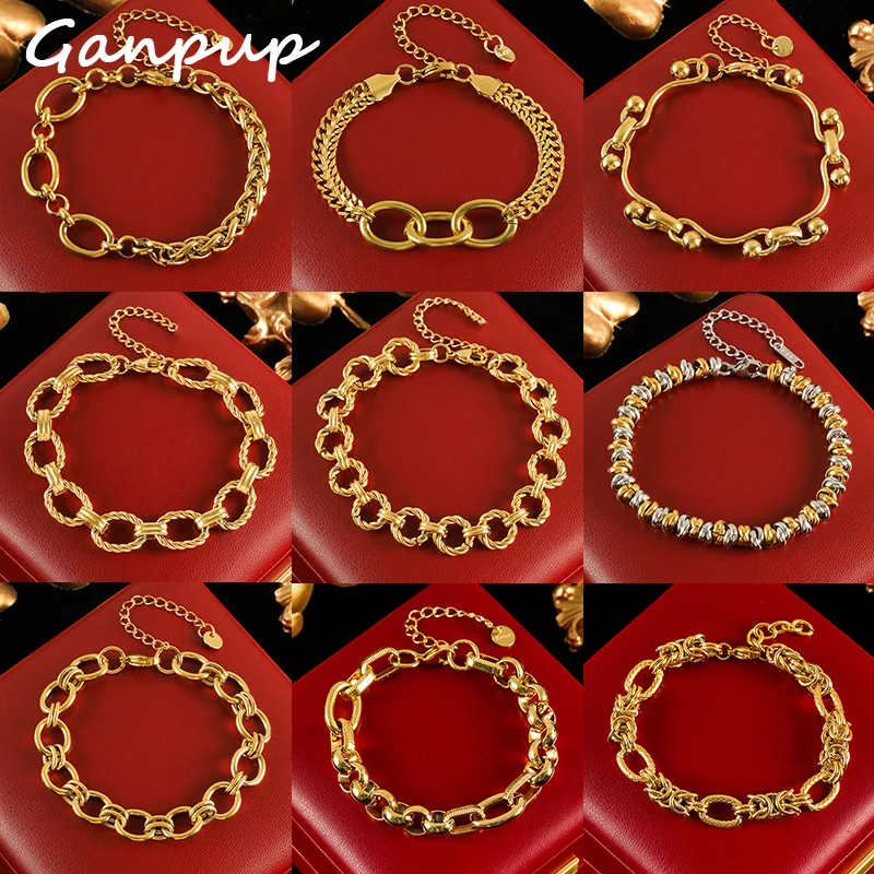 GANPUP 316L Stainless Steel Gold Color Bracelets Bangle for Women Hip Hop Thick Chain 18 K Plated Punk Fashion Jewelry New