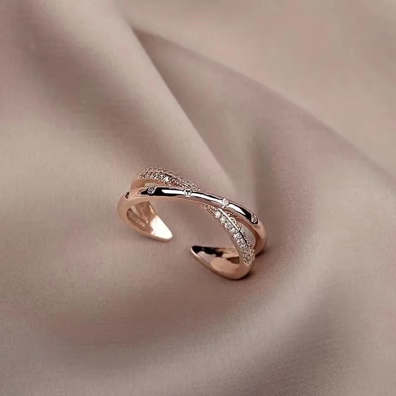 Simple light luxury cross zircon ring fashion design Korean female jewelry sexy rose gold Color adjustable ring For Women‘s Gift