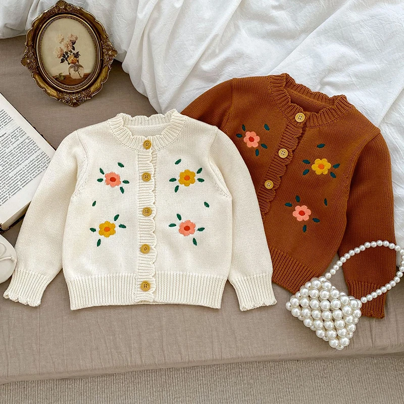 

Autumn Spring Toddler Baby Girl Knitting Cardigan Coat Long Sleeved Flower Embroidery Newborn Baby Girls Sweater Coat