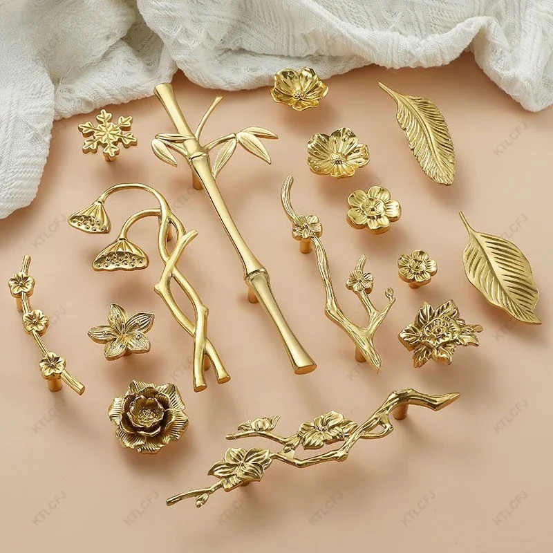 New Chinese Style Brass Handle Fancy Single Hole European Creative Decoration Branches Leaves Clothes Kitchen Cabinets Handles