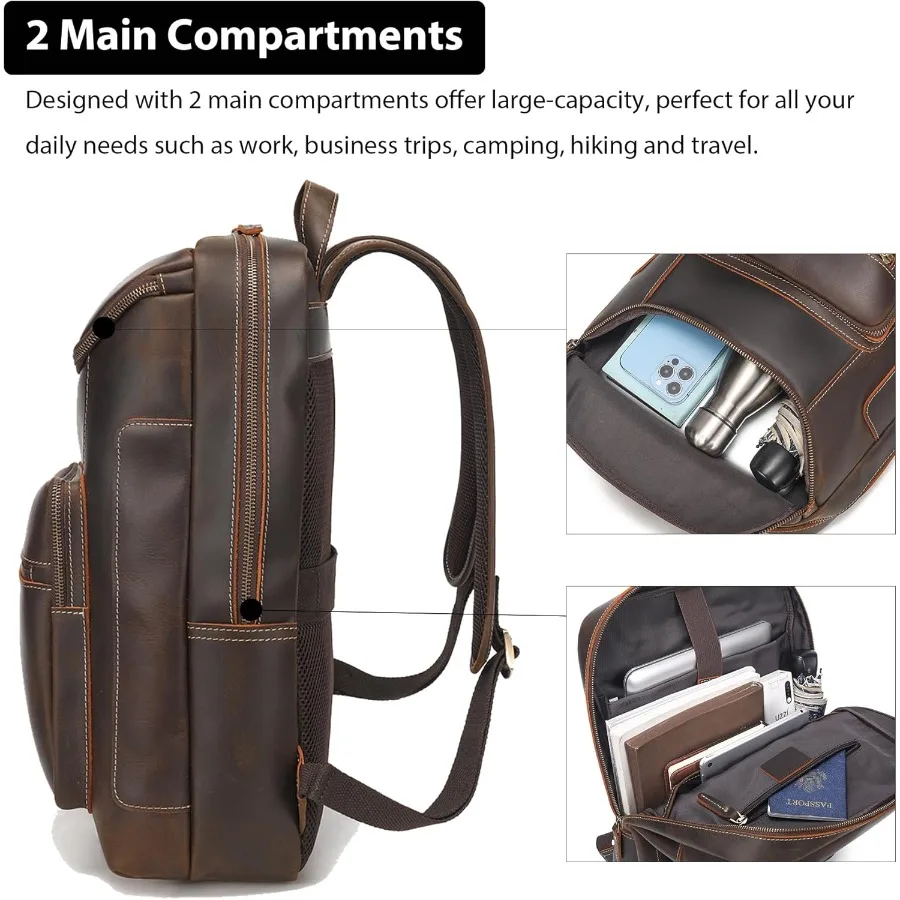 حقيبة ظهر من الجلد المحبب بالكامل من LANNSYNE للرجال مقاس 17 بوصة حقيبة ظهر للكمبيوتر المحمول كاجوال للعمل في الهواء الطلق حقيبة ظهر للسفر بسحابات YKK