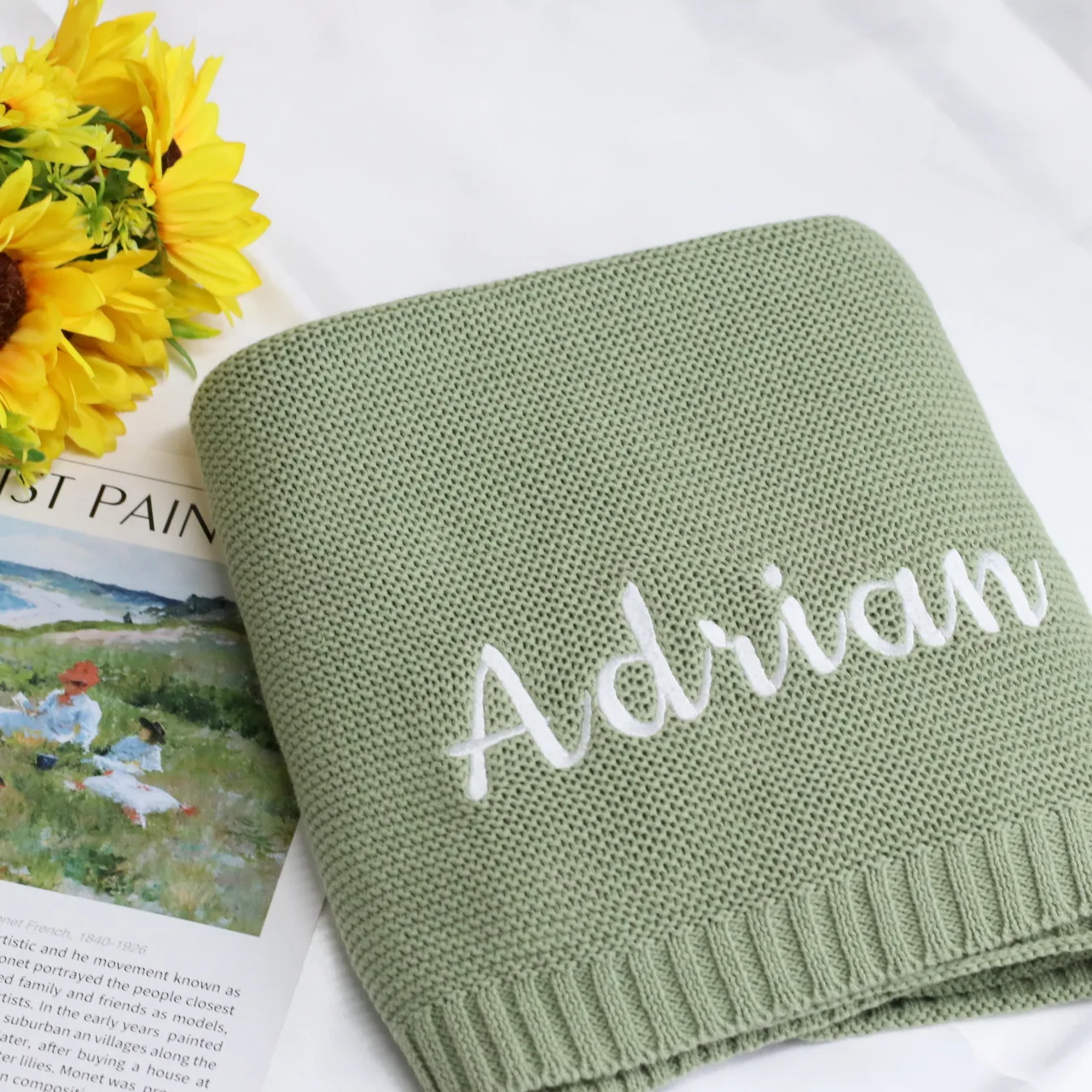 Personalized Cotton Knitted Blanket  Embroidered Name Baby Boy Baby Girl Soft Blanket Baby Breathable Stroller Blanket 100x80cm