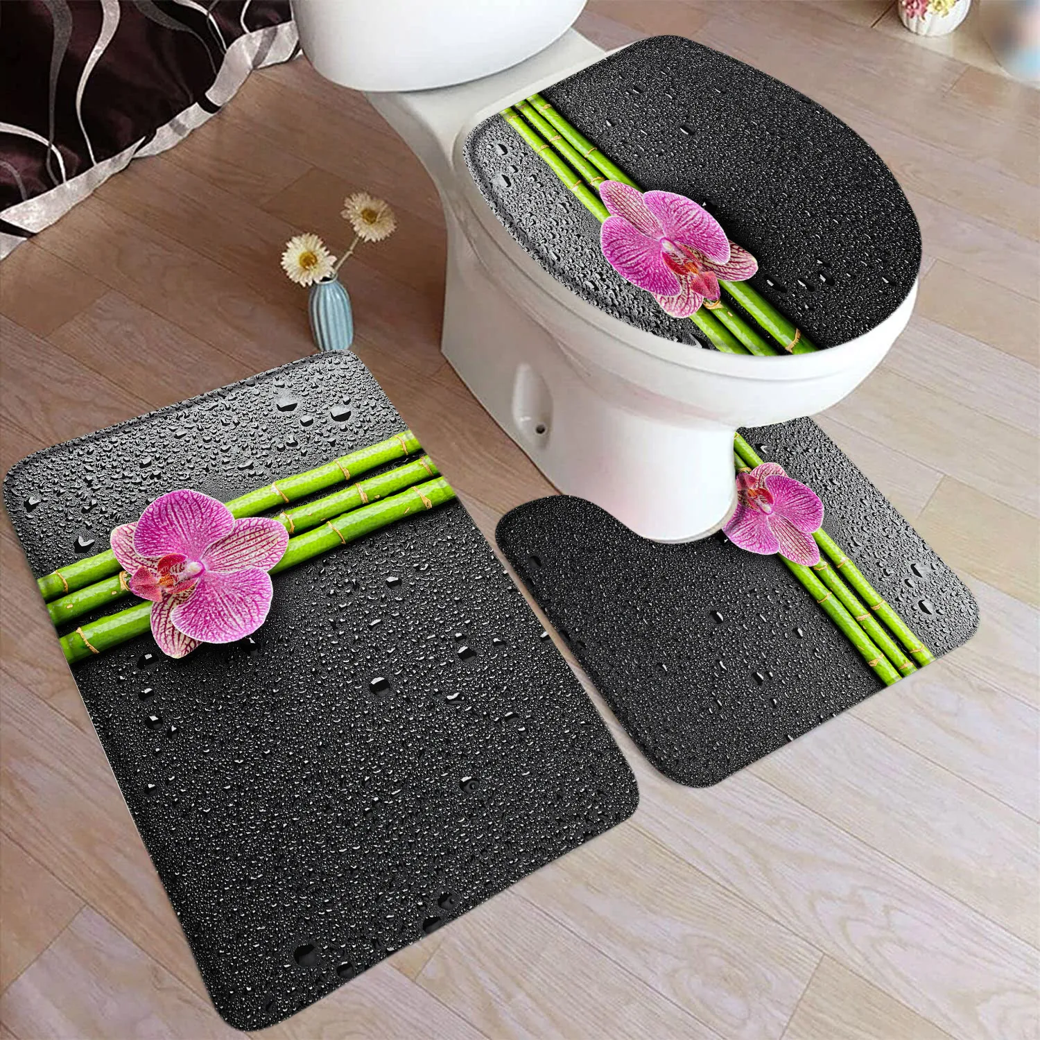 Zen Bath Mat Set Green Bamboo Buddha Swan Pink Lotus Flowers Spa Scenery Home Doormat Bathroom Decor Floor Rugs Toilet Lid Cover