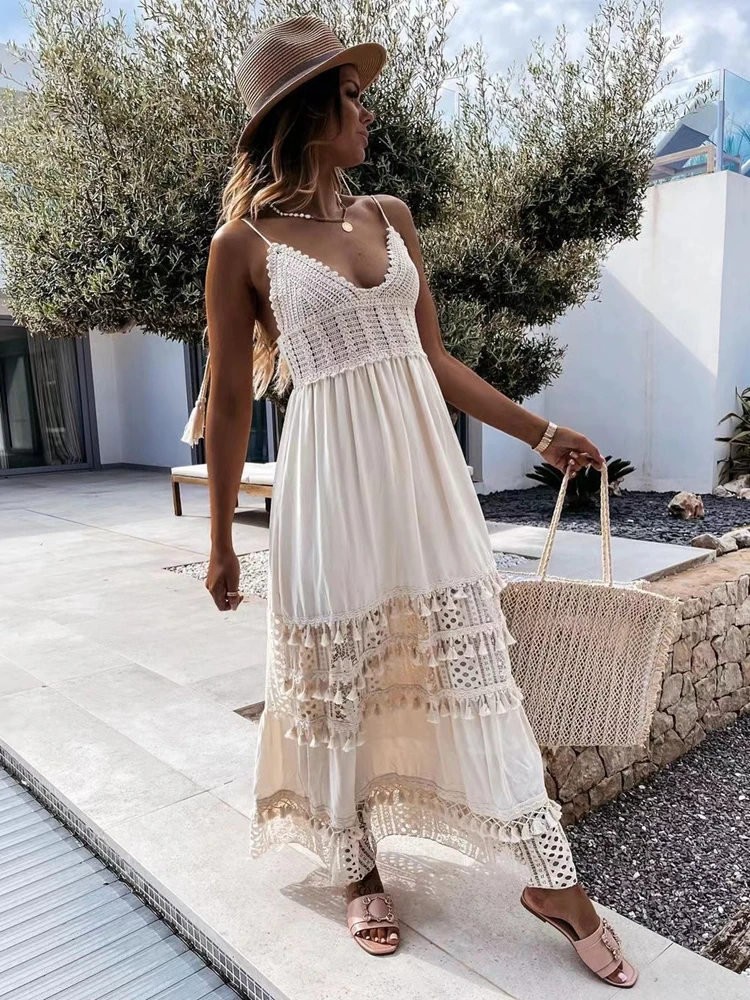 Sexy Lange Kleider für Frau Sommer Strand Stil Mode Boho Kleid Strap V-ausschnitt Spitze Backless Sommerkleid Damen Weiß Maxi kleid
