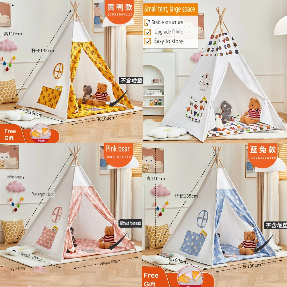 Children\'s Tent Teepee Tent for Kids Portable Tipi Infantil House for Kids Play House Kids Tents LED Lights Decoration Carpet