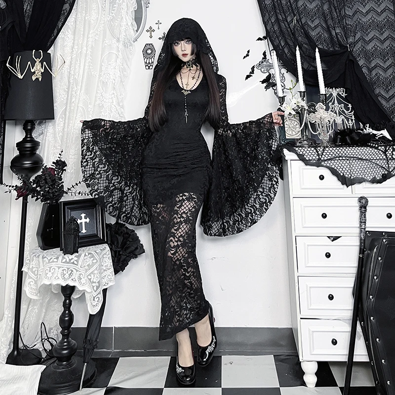 Halloween Costume Dark Cosplay Black Dress American Retro Hot Girl V-neck Flare Sleeve Bodycon Lace Mermaid Long Dress For Women