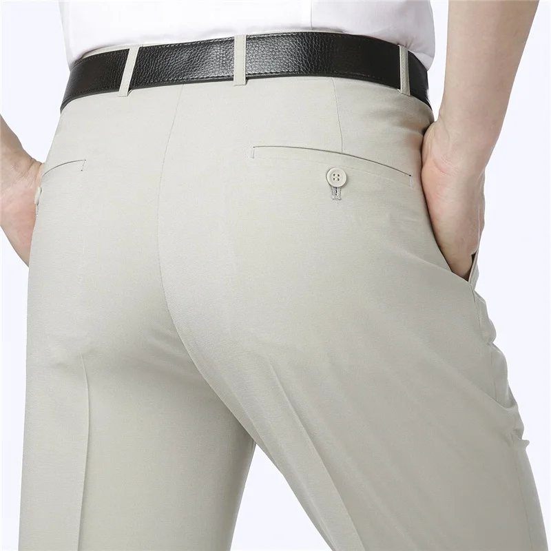 

Летние тонкие шелковые льняные повседневные мужские брюки с высокой талией, красные, не требующие глажки, деловые повседневные брюки прямого кроя, длинные брюки