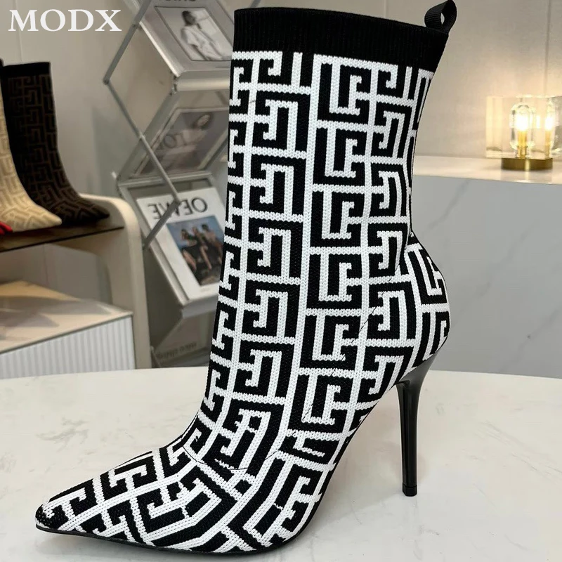 Stretch Fabric Ankle Boots Fashion Thin Heel Mixed Color Pointed Toe Short Boots for Women Sexy Luxury Runway Shoes Botas Mujer