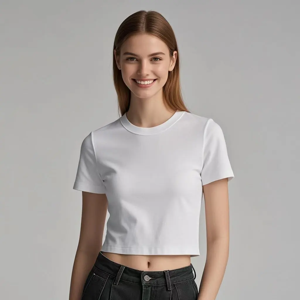 

Women's Slimming Cotton T-shirt Short-Sleeved Crewneck Shoulder European American Style Odell Navel-Exposed Pullover Top
