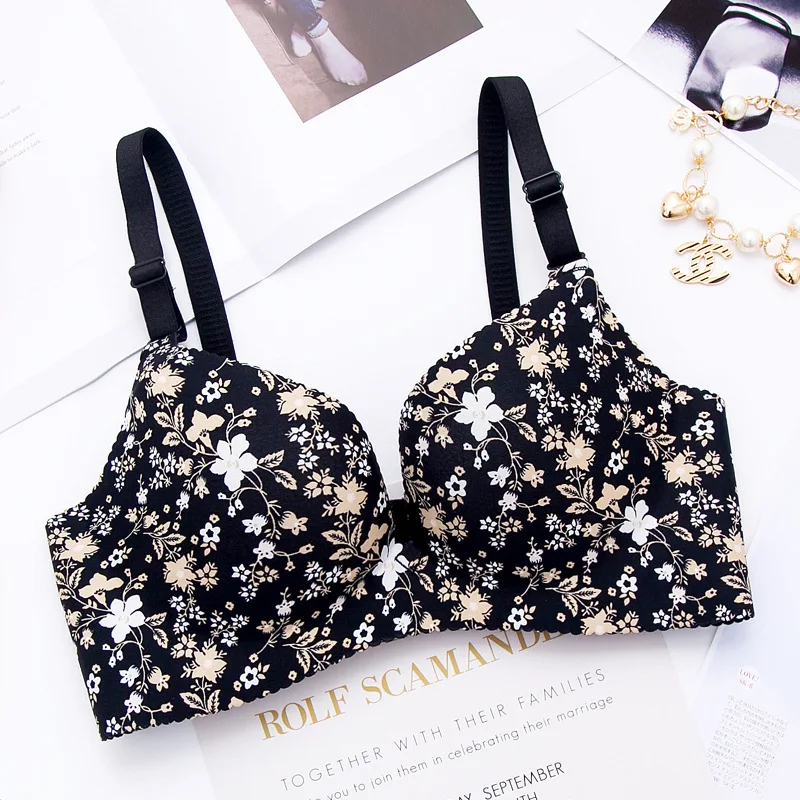 Bra Push Up tanpa jahitan motif bunga wanita, pakaian dalam satu potong