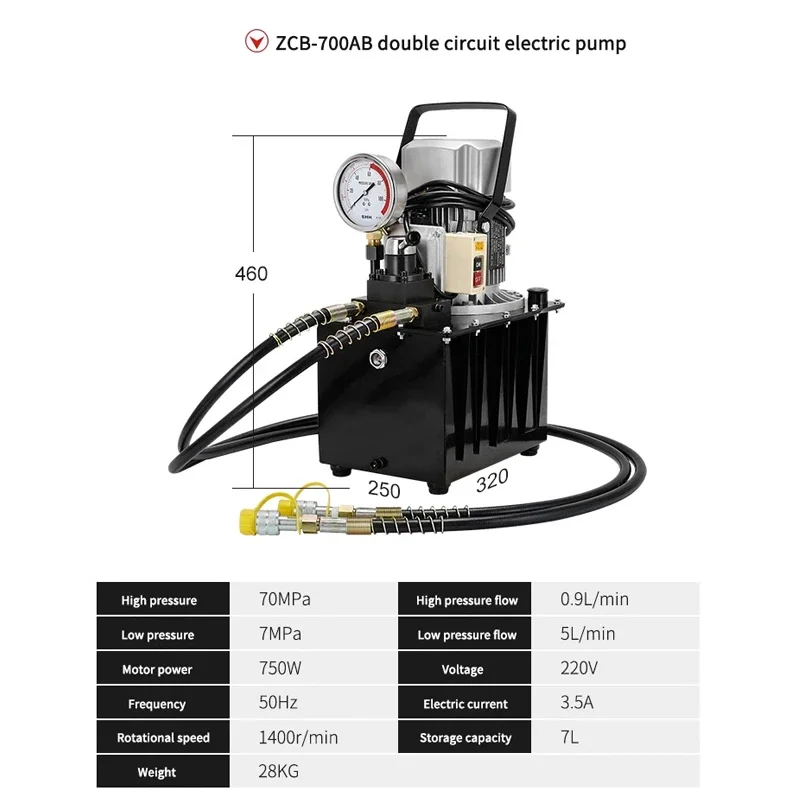 ZCB-700AB 220V Double Acting Electric Pump 0.75KW Motor Hydraulic Pressure Oil Station Compatible Various Hydraulic Tools 70MPA