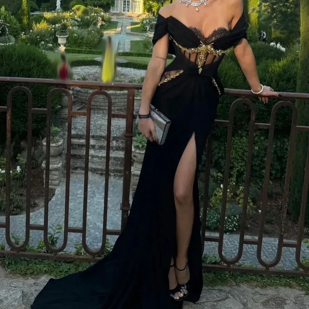

Customized Mermaid Evening Dresses Floor-length Off The Shoulder Sleeveless Prom Gown Fashion Beading Lace Backless Party Gown