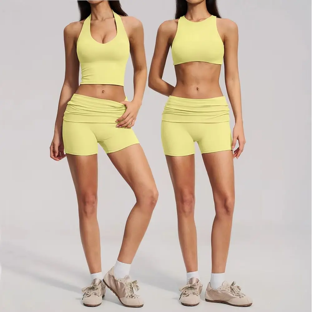 2 Pieces Yoga Suit Women Athletic Wear Gym Clothes Halter Sports Bra Matching Impact Shorts Workout Sets Gym Set Fitness Outfits