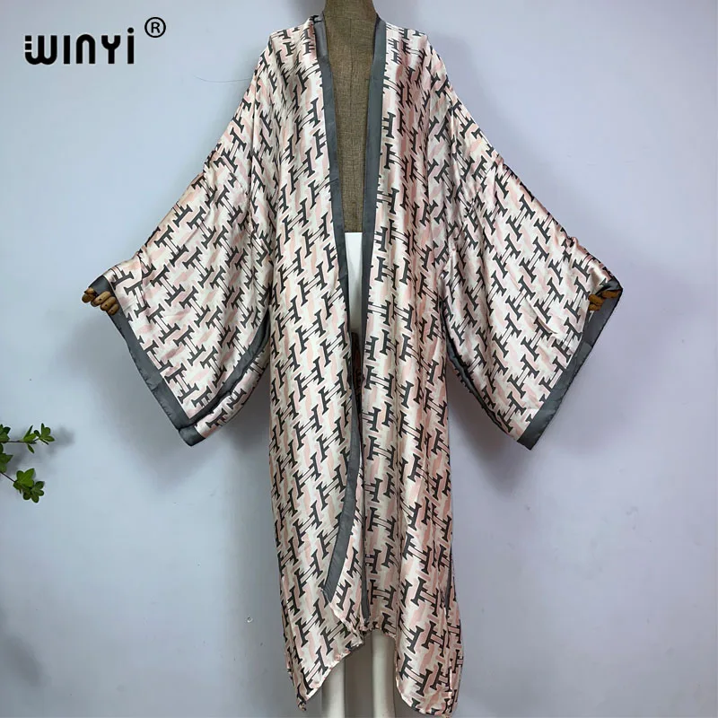 WINYI kimono letnie klasyczny nadruk kobiety luźna długa sukienka elegancka impreza Boho Maxi wakacje na plaży Kimonos kaftan