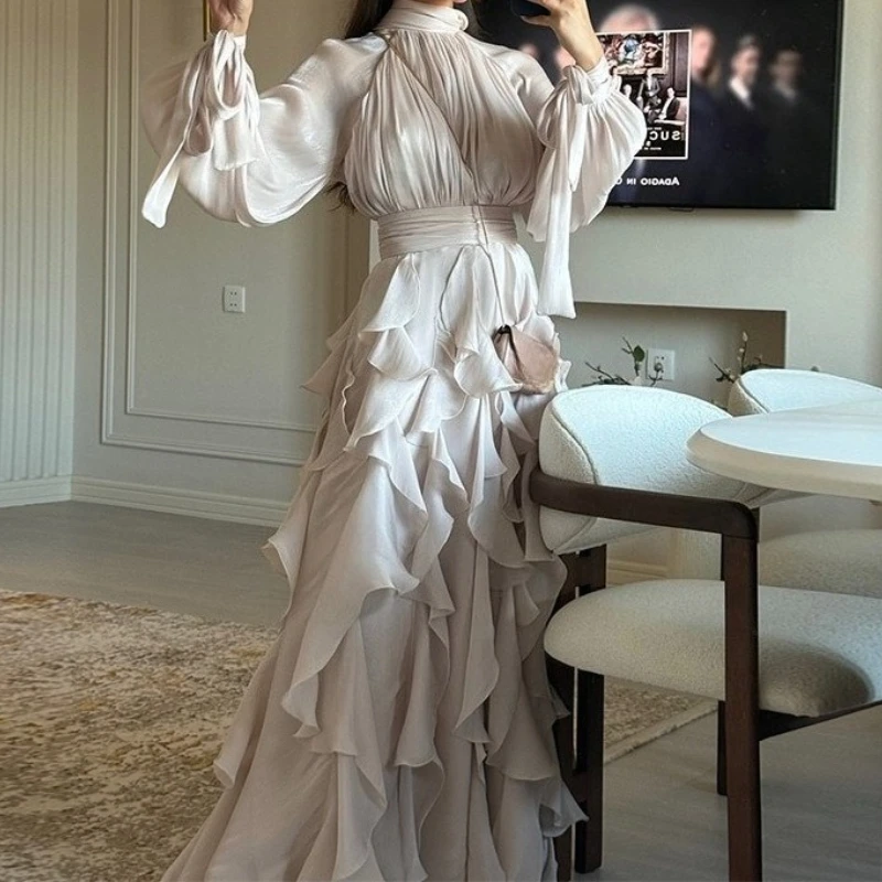 Vestidos longos femininos com babados em camadas, elegante, gola alta, manga lanterna, cintura alta, vestido maxi, moda feminina, roupões de noite 2025