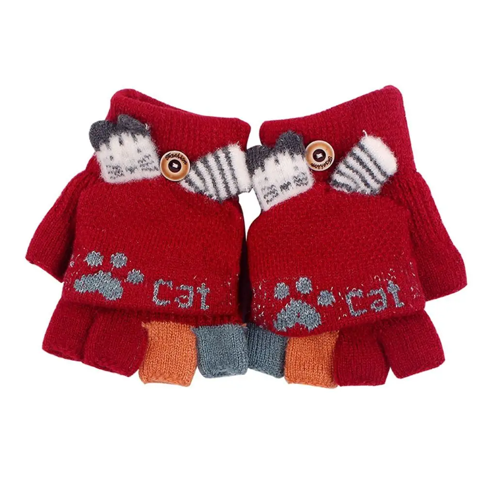 Cycling Breathable Cat Pattern Keep Warm Nylon Cute Half Finger Gloves Children's Gloves Thick Mittens Flip Cover Gloves