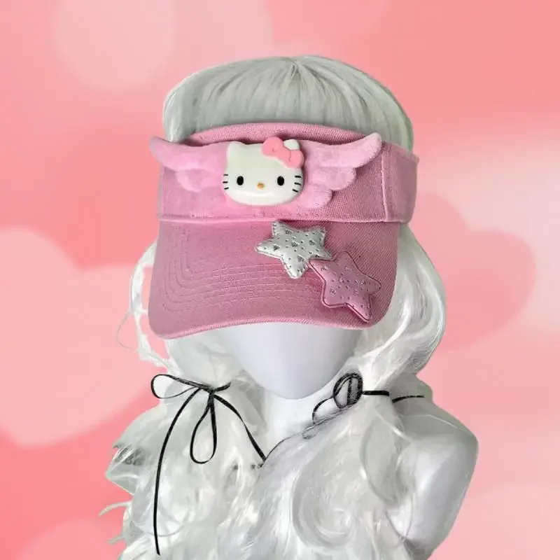 Miniso Hellokitty Hat Cartoon Kitcat Show Face Small Summer Sunscreen Outdoor Kitty Wings Flying 3D Decoration Tie Ponytail Hats