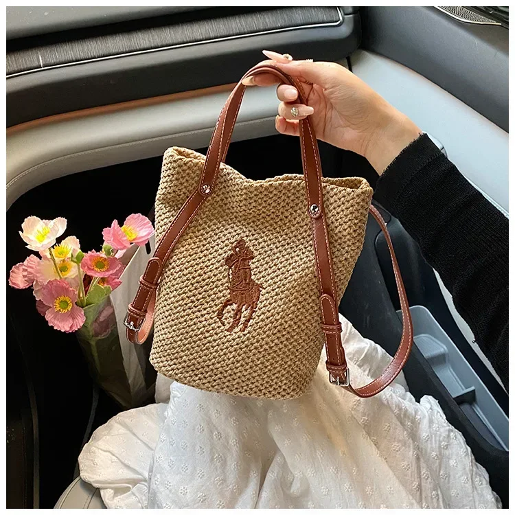 2025 New Straw Bucket Bag - Woven, Summer, Seaside, Large Cap, Mother & Child