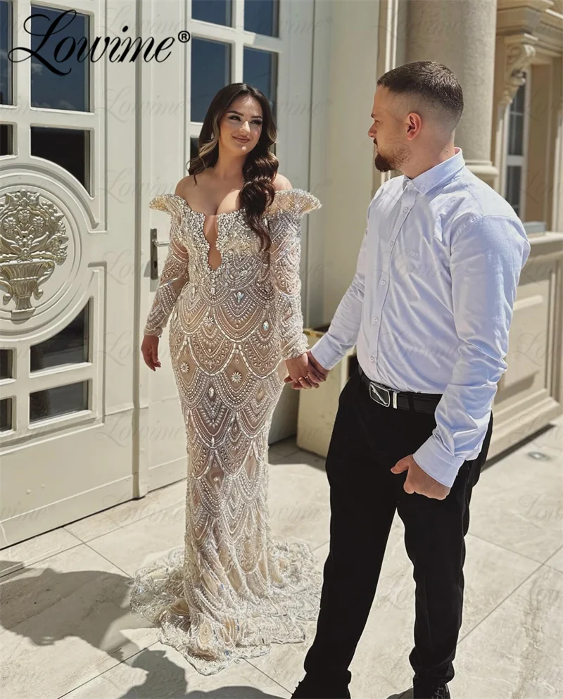 Arabic Evening Dresses Women Champagne Off Shoulder Wedding Engagement Gowns Mermaid Long Sleeve Party Prom Dress Robe De Soiree