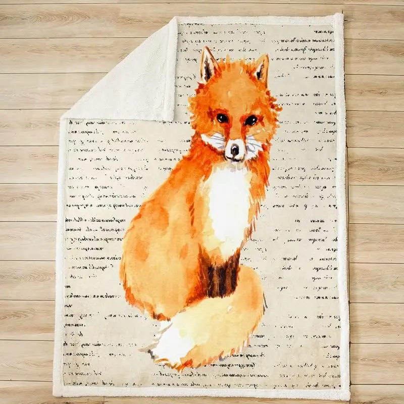 Cute Fox Fleece Throw Blanket Kids Cartoon Fox Plush Blanket for Bed Sofa Couch Woodland Fox Sherpa Blanket Breathable