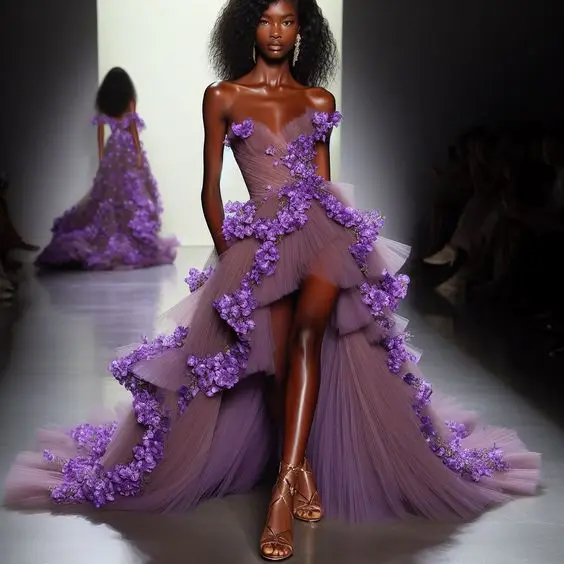 Dreamlike Purple Floral African Women Maxi Dresses To Party Ruched Tulle Asymmetrical Evening Gowns Bloom Bridal Dress