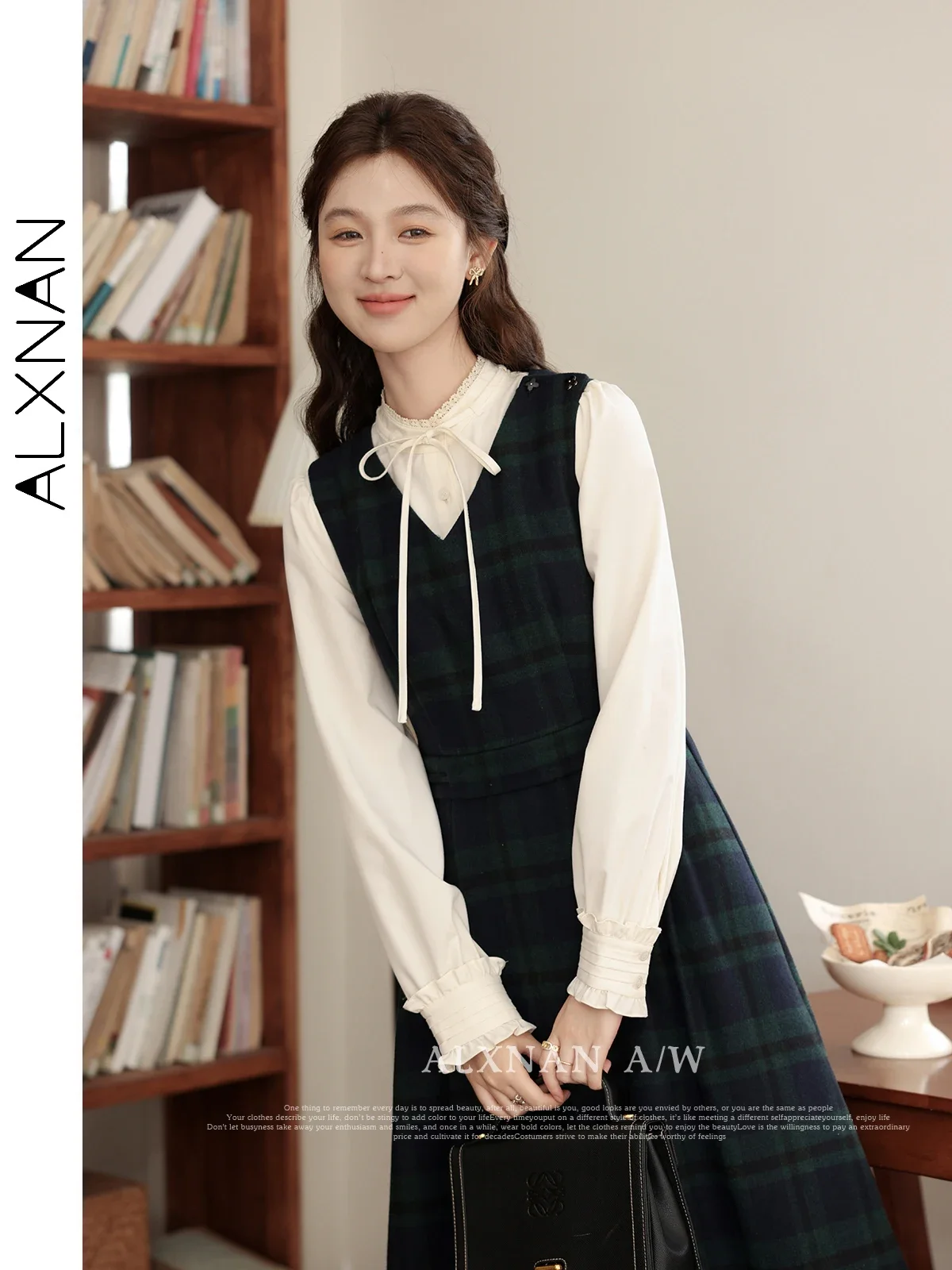 ALXNAN-Robe trapèze à carreaux verts français pour femme, robes mi-longues en fibre, col en V, précieux, vendu séparément, automne, hiver, LXN32315, 2024