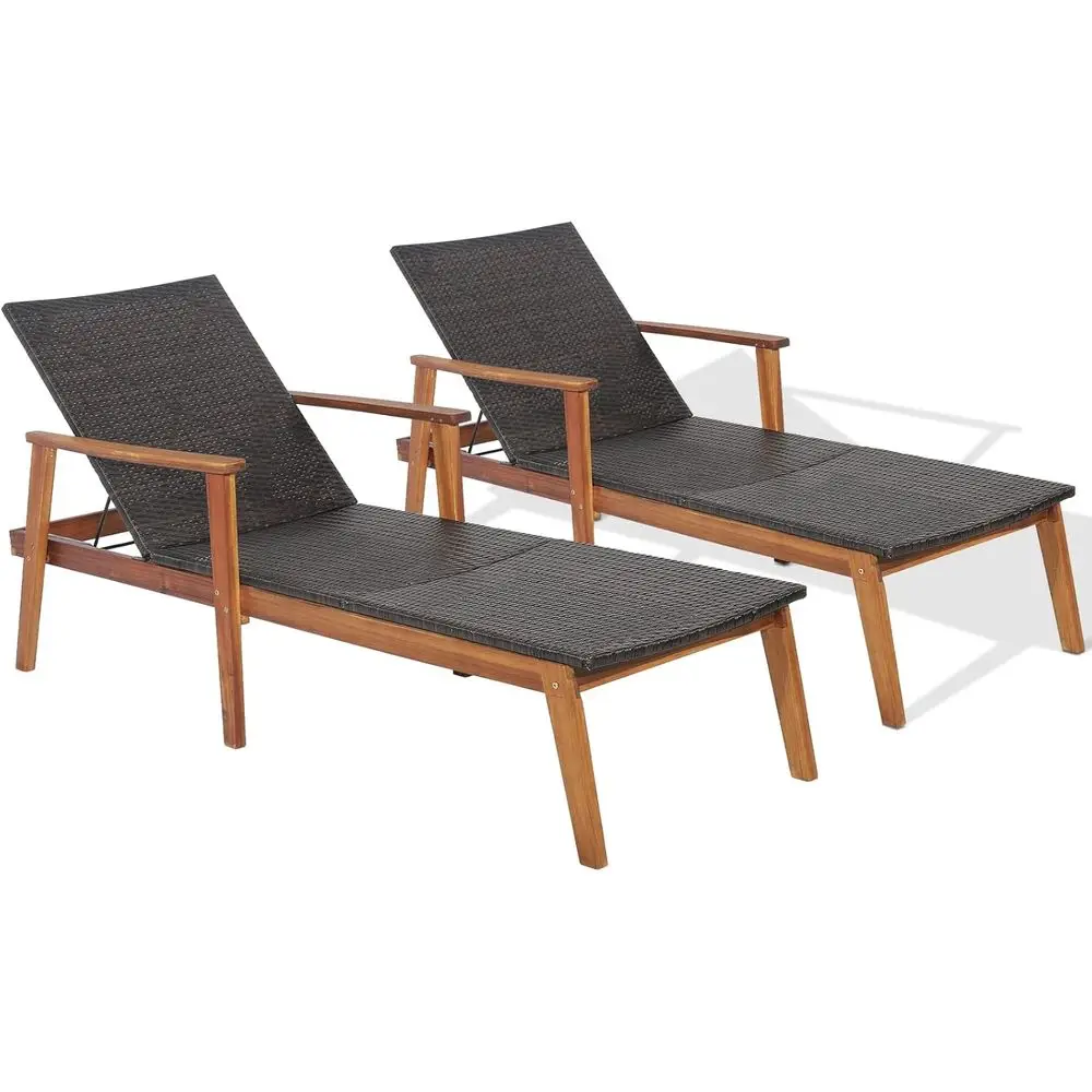 

2-Piece Outdoor Rattan Lounge Chairs with Adjustable Backrest, Solid Acacia Wood, Ideal for Patio, Poolside, or Balcony