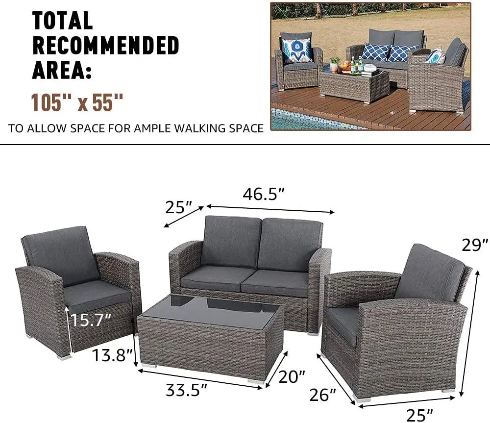 JOIVI Patio Furniture Set, All-Weather Outdoor U-Shaped Patio Conversation Set, 4 Piece PE Rattan Wicker Small Sectional Patio S