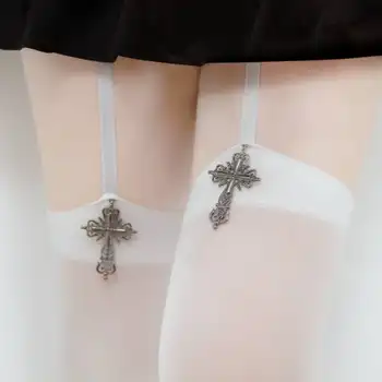 1/2雙哥德式十字架裝飾緊身女式長襪純色薄款過膝洛麗塔長襪 6 最佳銷售 歌德式襪子 - №1