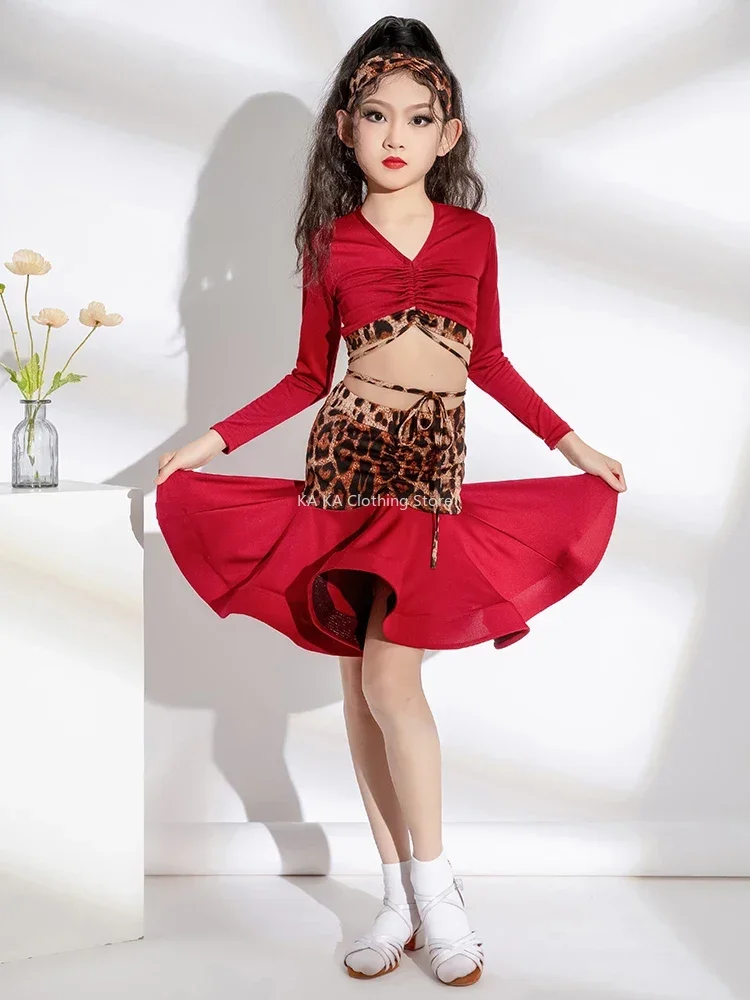 Leopard Tango Latin Dance Costume Girls Dance Dress Cha Cha Rumba Dance Skirt Girls Performance Kids Latin Practice Clothes