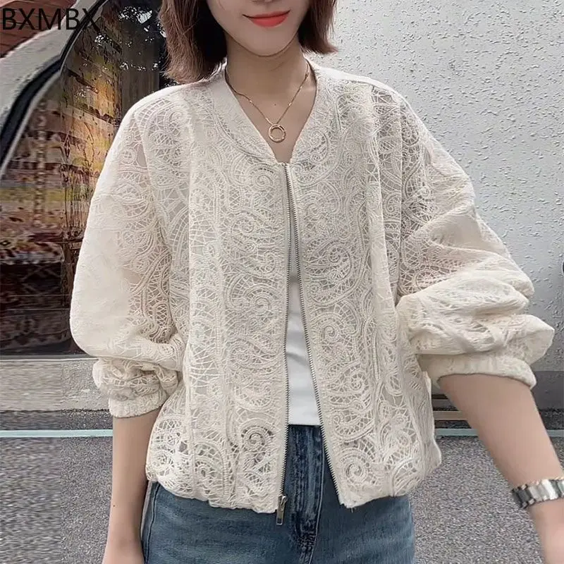 

design sense hollow lace short jacket women's 2025 spring and summer thin foreign style casual long-sleeved sunscreen top tide