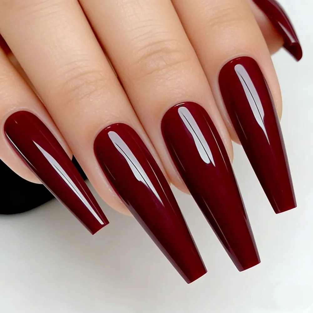 

High Quality Burgundy Long Stiletto Press On Nails Reusable Full Cover Glossy False Nails for Women and Girls