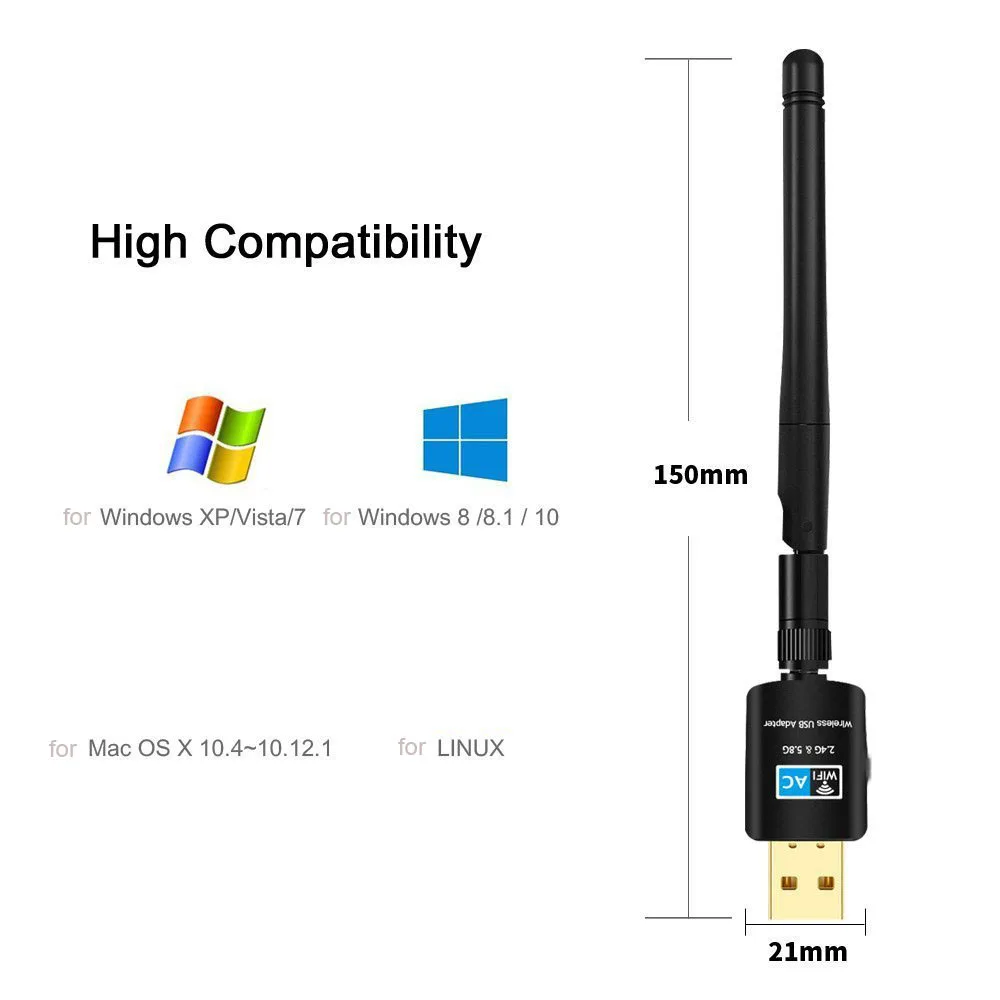 

AC 600Mbps USB Wifi Adapter 5/2.4Ghz Dual Band with Antenna Dongle LAN 802.11ac/a/b/g/n for Windows XP Win 7 10 for Mac Vista