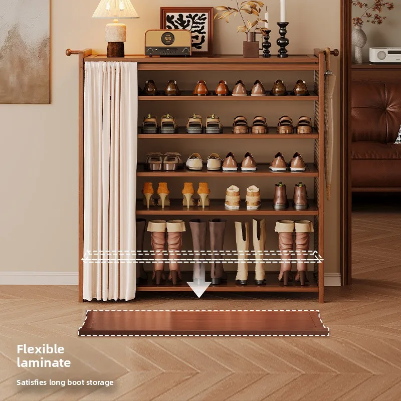 Bamboo shoe storage cabinet, dust-proof cloth curtain storage rack, multi-layer narrow shoe rack, living room storage rack