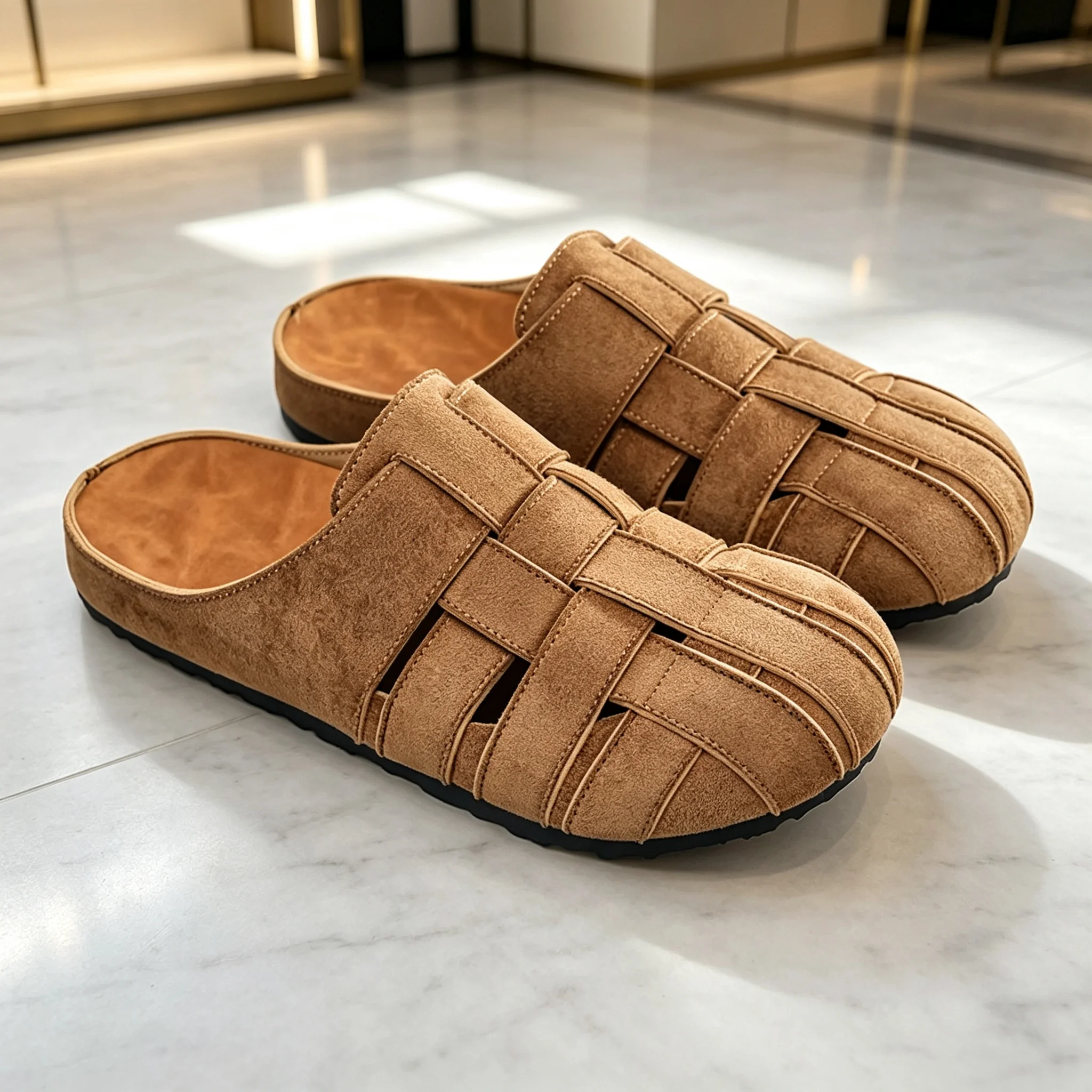 Retro Woven Closed-Toe Mules, Available in Three Colors, Suede Slip-On Mules, Breathable Hollow-Out Outdoor Sandals, Comfortable