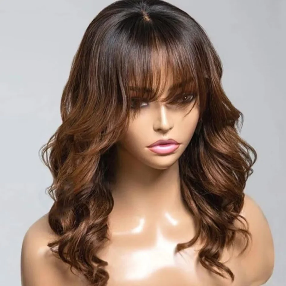

Ombre Brown Layered Cut Wavy Human Hair Wig With Bangs Body Wave 13X4 Hd Lace Front Wig 5X5 Bleached Knots Colored 310 Density