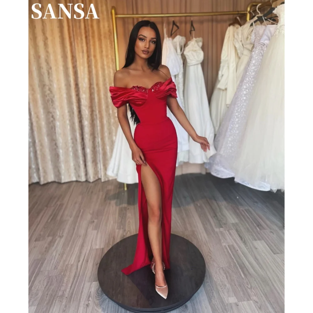 Sansa Gorgous A-Line Glitter Satin Prom Dress Customized Floor-Length Wedding Dresses Off Shoulder Sleeveless Vestidos De Fiesta