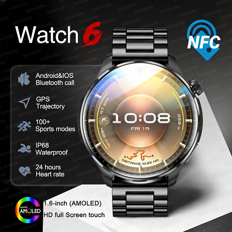 

2026 New 6 Pro Watch GPS NFC Smart Watch Men Bluetooth call 1.60" AMOLED Fitness Sport Tracker Waterproof Health Smart Watch
