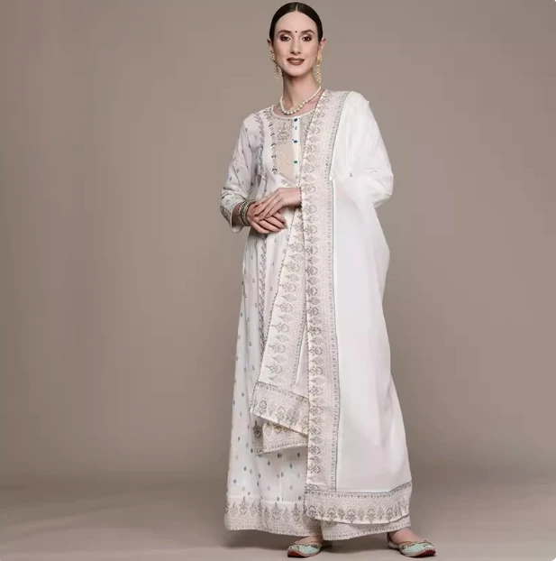 Indian Apparel Women's Ethnic Set 3-Piece Cotton Printed White Indian Traditional Dress Cotton Dress Suit Pakistani Clothing